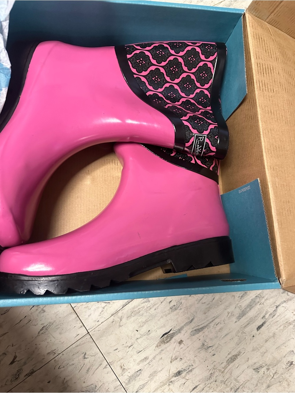 Kids Waterproof Pink Patterned Rain Boots with Black Accents